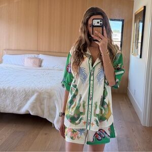 Green and White Botanical Print Shirt and Shorts Set
